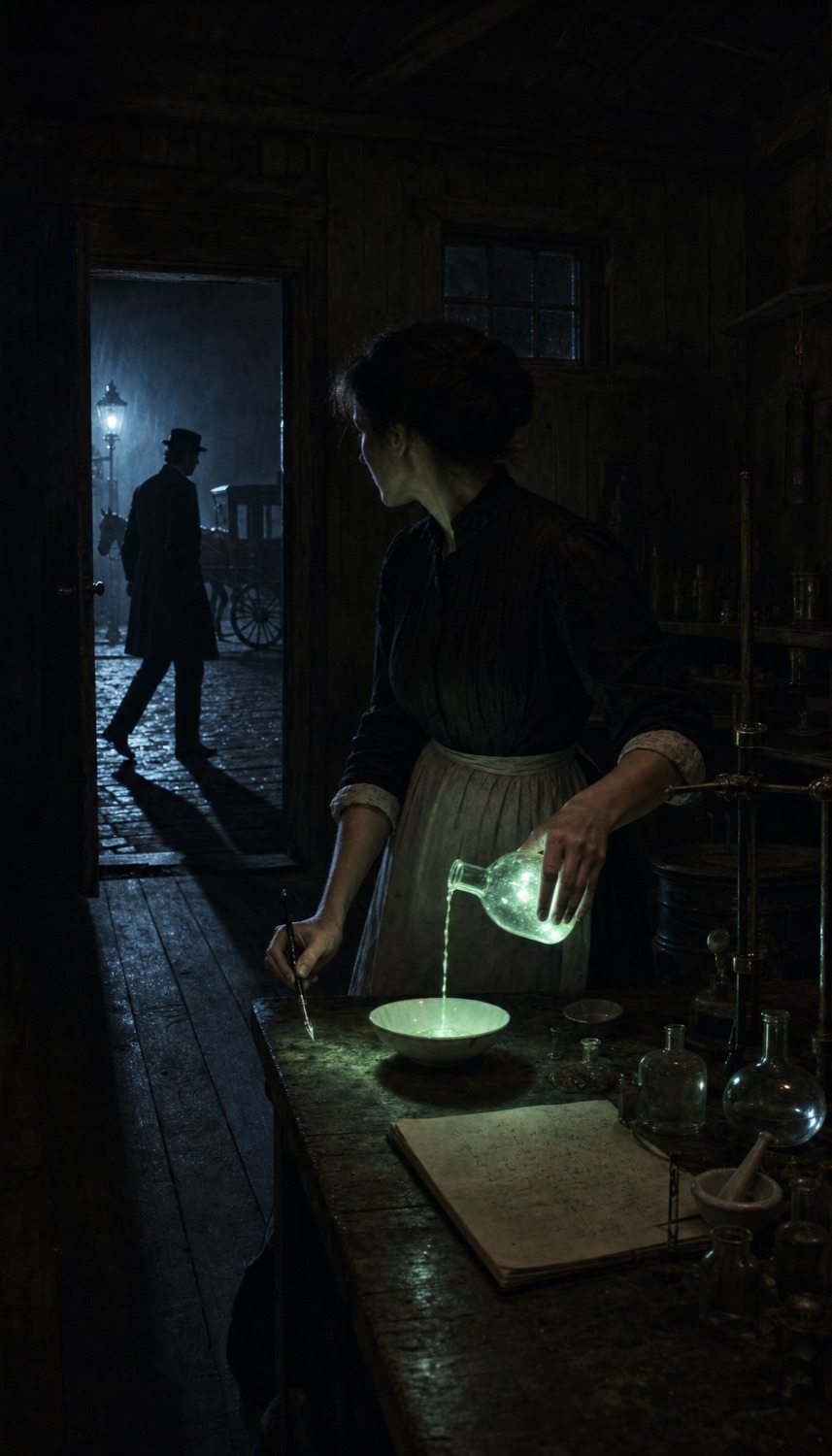 Marie Curie in her laboratory, a faint glow on the bench