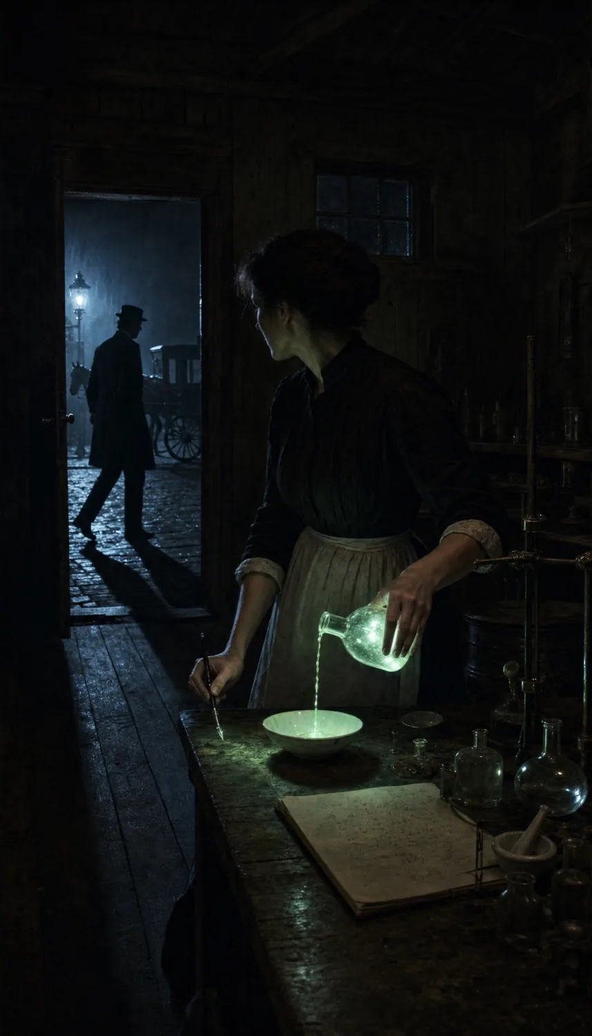 Marie Curie in her laboratory, a faint glow on the bench
