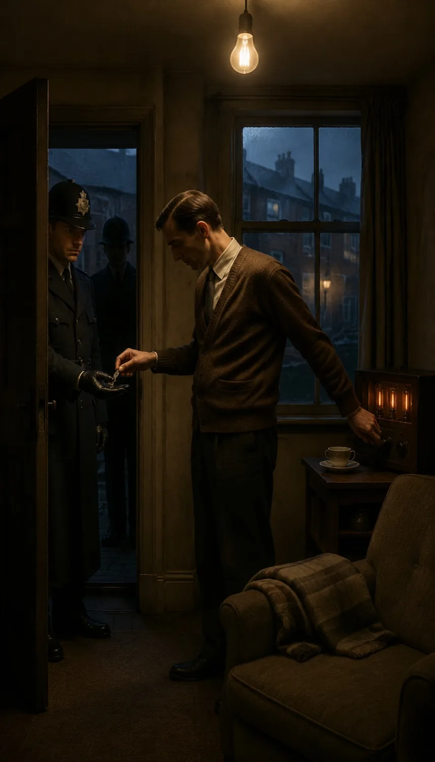 Alan Turing in a 1950s sitting room, an officer at the door